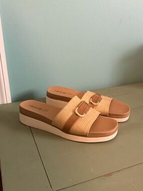 Life Stride Tan Raffia Slide Sandals with Gold Buckle